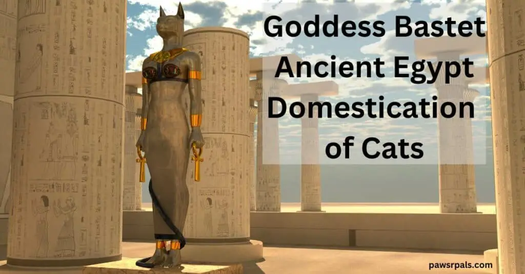 Goddess Bastet Ancient Egyption. Domestication of Cats. Statue of Bastet with column with hierogryphs on