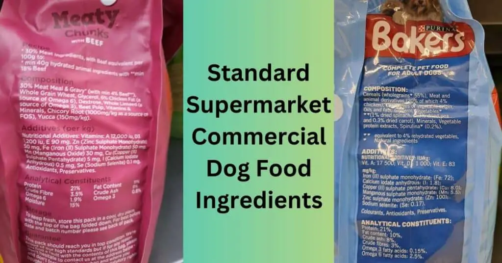 Two widely available dog foods in a supermarket, ingredient lables