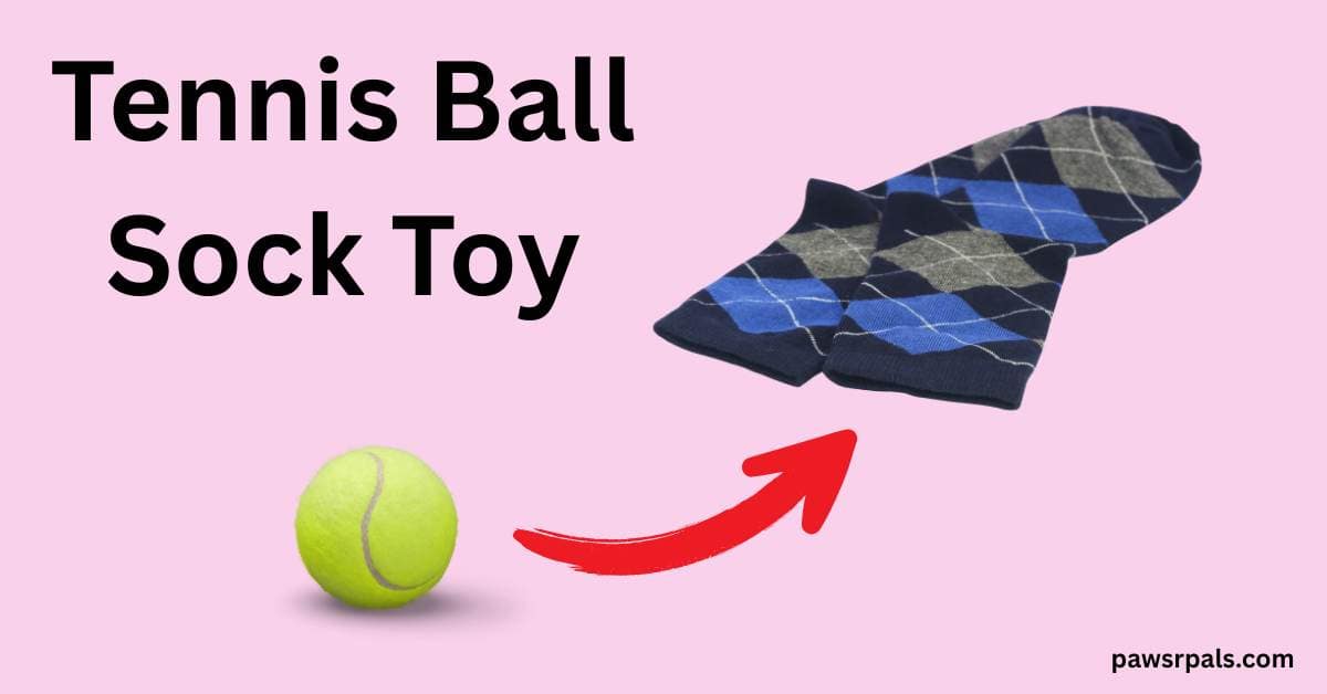Tennis Ball Sock Toy. Image of yellow tennis ball next to a red arrow pointing towards a pair of blue black and green checked socks