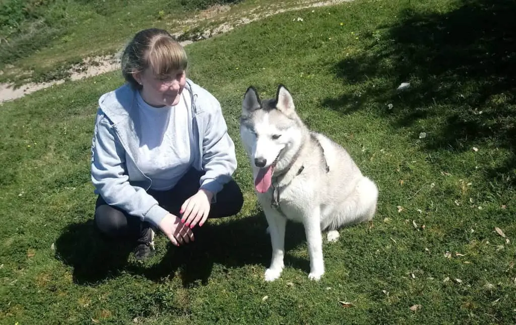 Are Huskies Good With Children. Holly (12-year-old daughter) squatting down beside Luna, the grey and white Siberian Husky with one eye sitting on the grass in the sand dunes.
