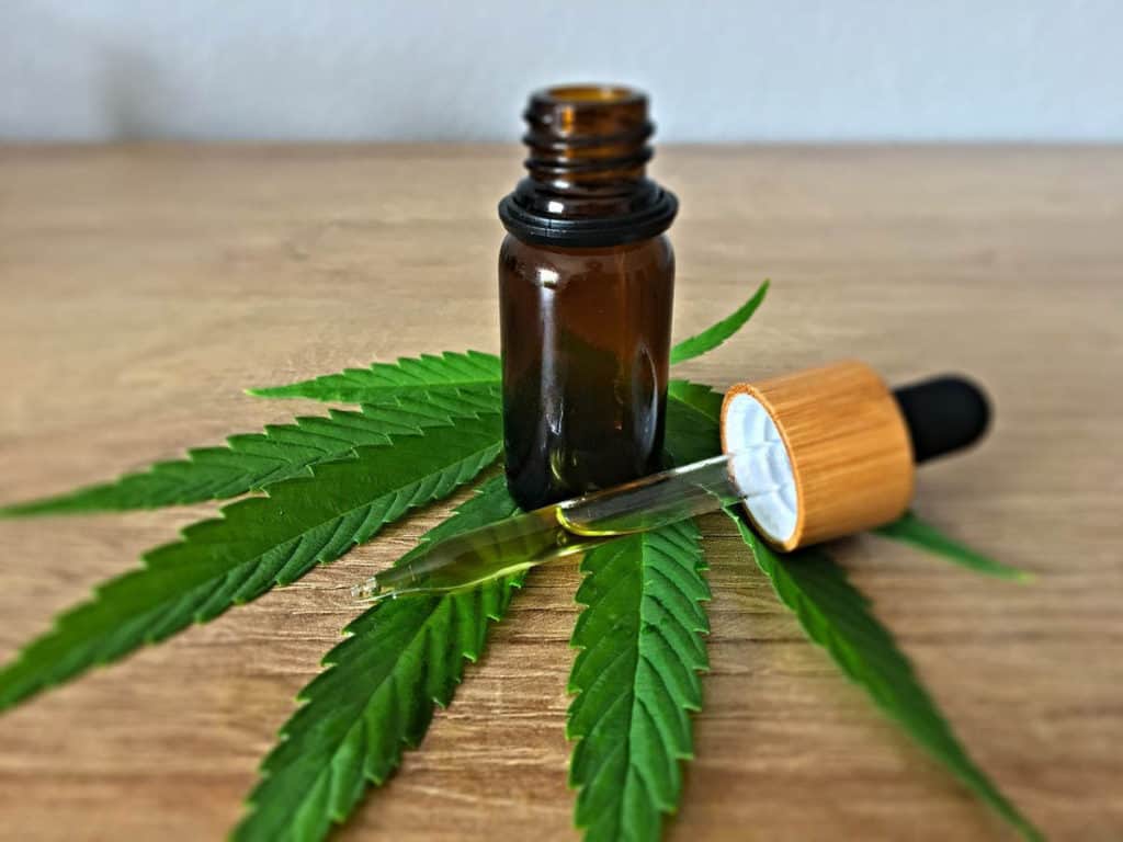 Can I Use CBD Oil For My Dog. A brown bottle with yellow CBD oil in an orange and black pippin lid, sat on a green leaf, on a brown wooden table.