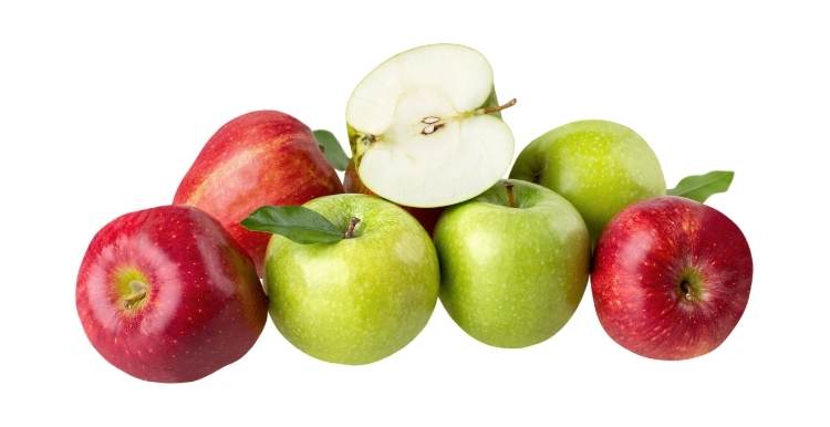 Can Cats Eat Applesauce. Three red apples with three green apples and one half of an apple on a white background.
