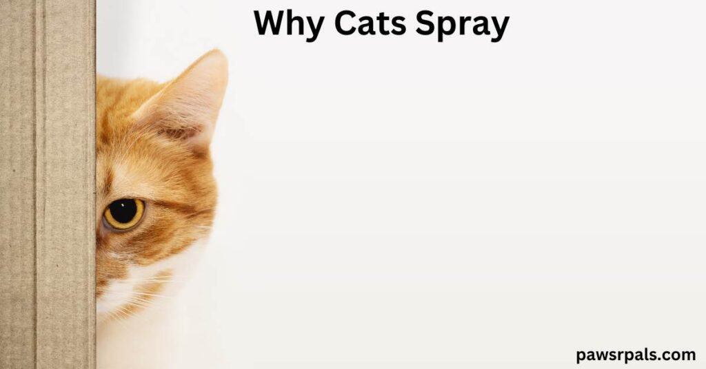 Why Cats Spray. Orange tabby cat looking from behind a brown post with a white background.