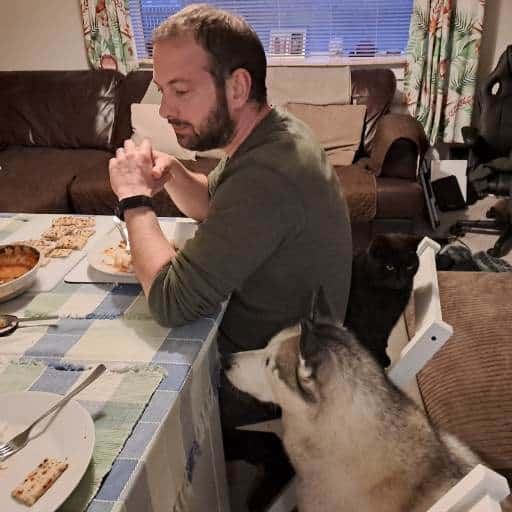 Matt Cranfield, Luna and Pickles at the dinner table