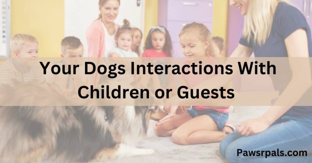Your Dogs Interactions With Children or Guests. Picture of 7 small children sitting with 2 adults and a calm dog.