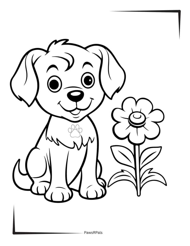 Puppy next to a flower