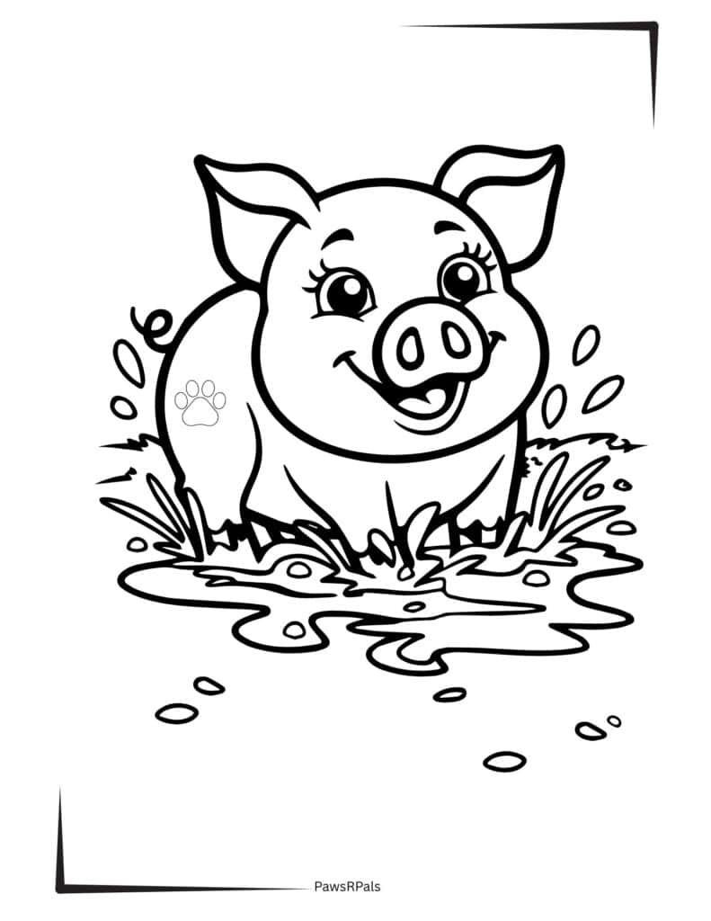 Pig in a puddle colouring image