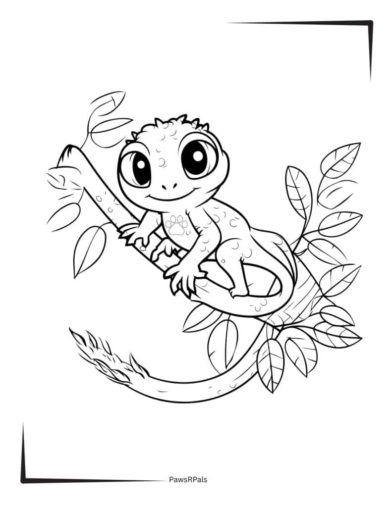 Smiling lizard on a branch colouring page