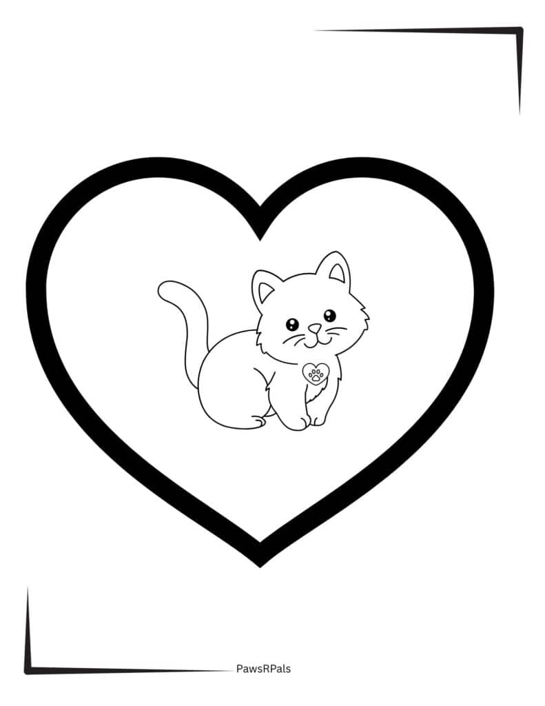 Cat in a heart colouring page