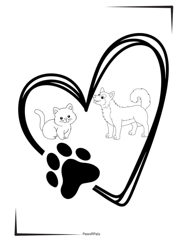 Cat and Husky inside a heart with a pawprint on the bottom left of the heart
