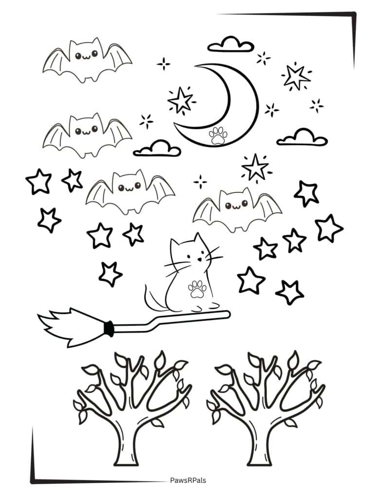 Cat on broomstick halloween colouring image